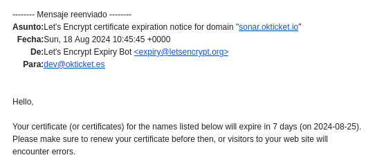 Let's Encrypt certification expiration notice